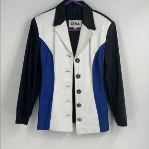 Vintage Chia Black White and Blue Colorblock Leather Jacket Size Medium
